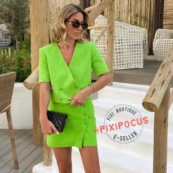 ZARA [ 2 PIECES ] SKIRT SUIT BLAZER + SKIRT SET TEXTURED GREEN